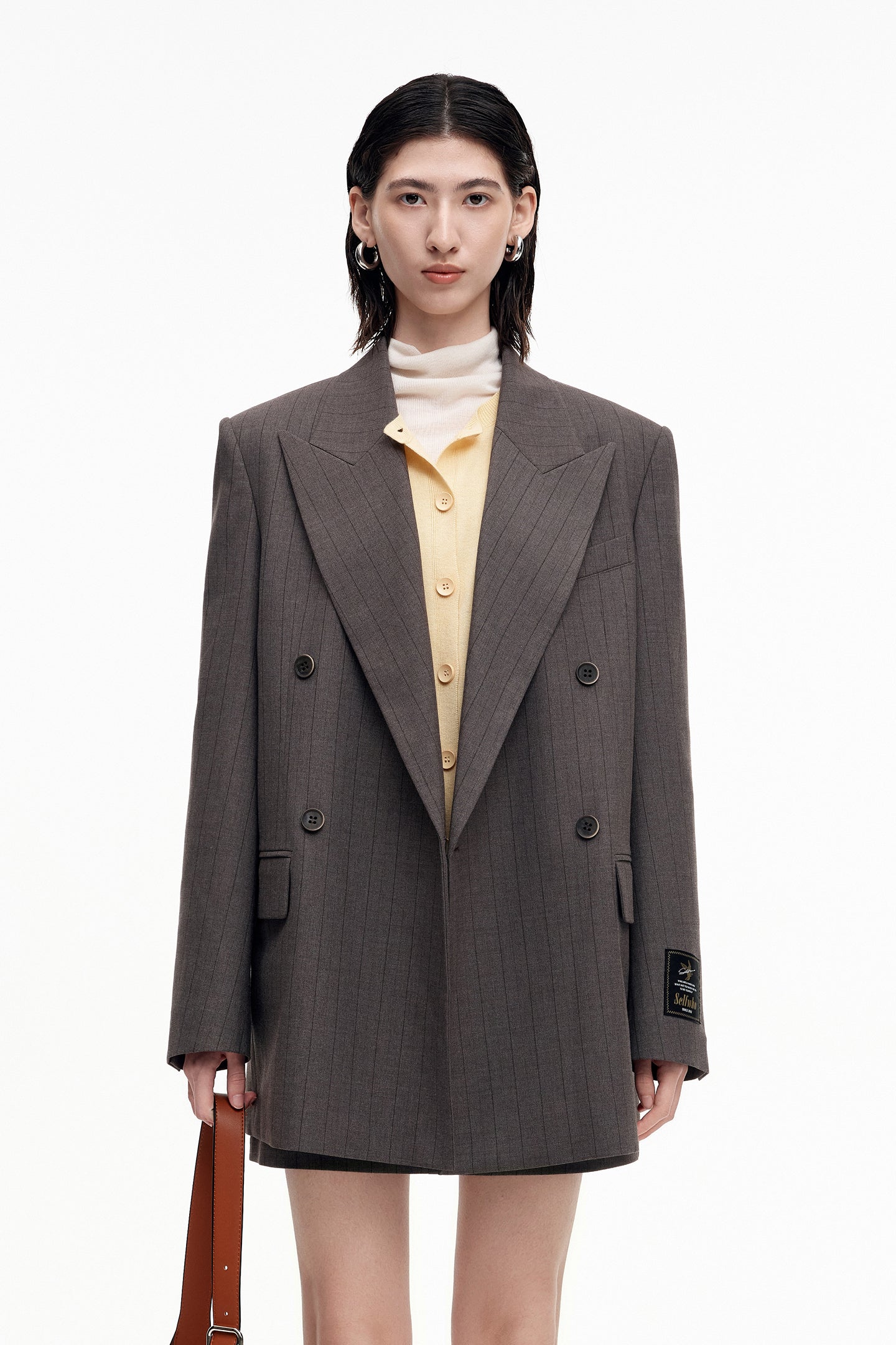 SELFWHO Double-Breasted Dark Striped Suit Jacket