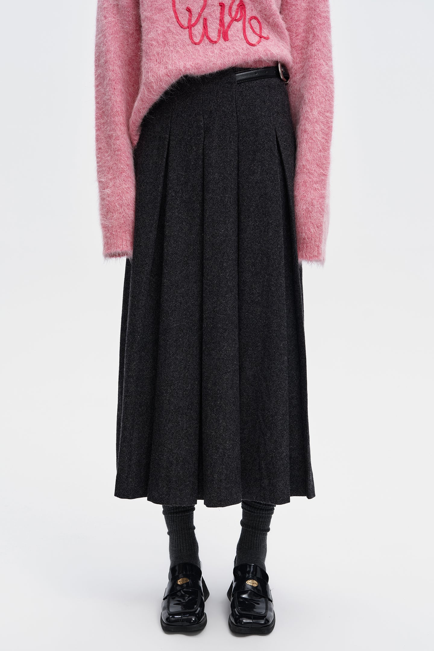 SELFWHO Wool Blend Gray Pleated Skirt