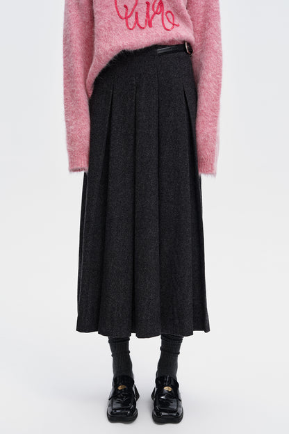 SELFWHO Wool Blend Gray Pleated Skirt