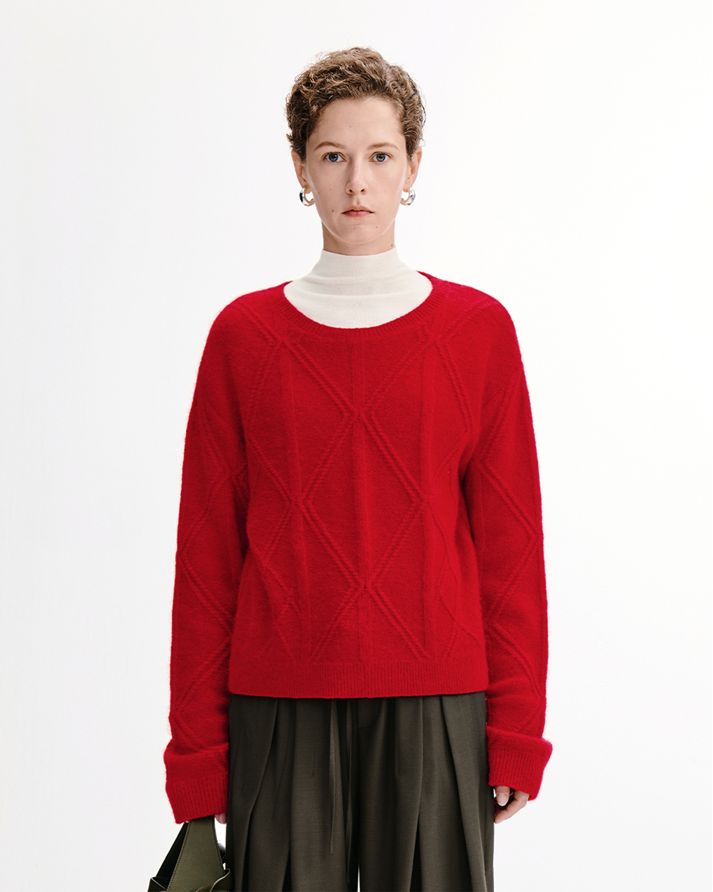 Cable-Knit Check Sweater – Wool Blend