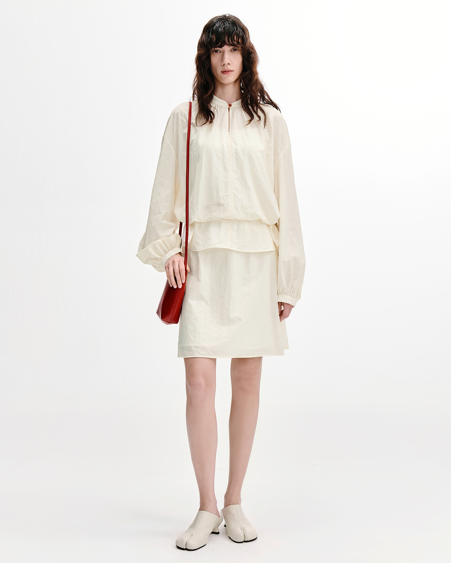 Jade-Button Mandarin Shirt & Skirt Set – Wool-Blend