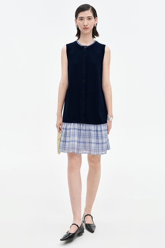 SELFWHO Tencel mulberry silk contrast plaid dress