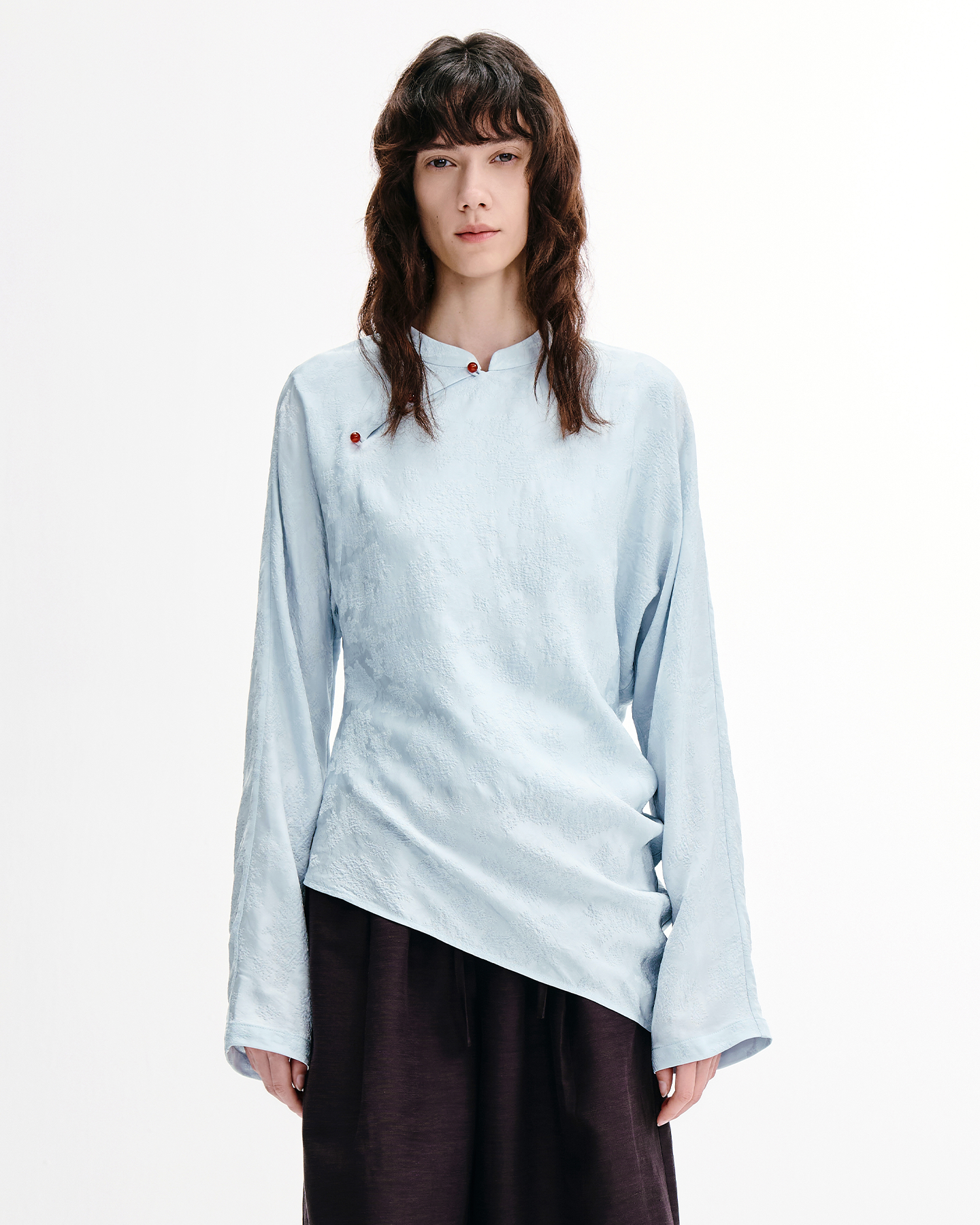 Asymmetric Agate-Button Mandarin Collar Shirt