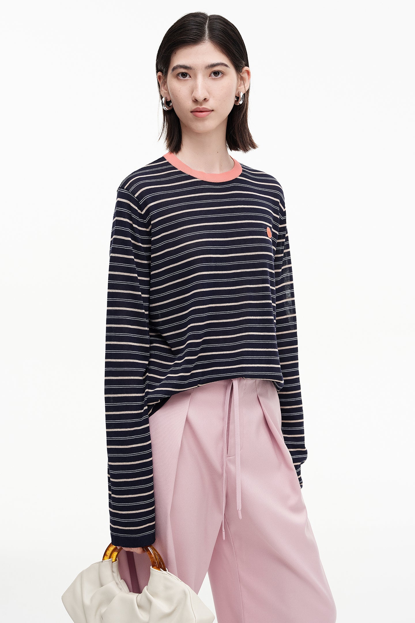 Acetate cotton blend contrast striped long-sleeved T-shirt