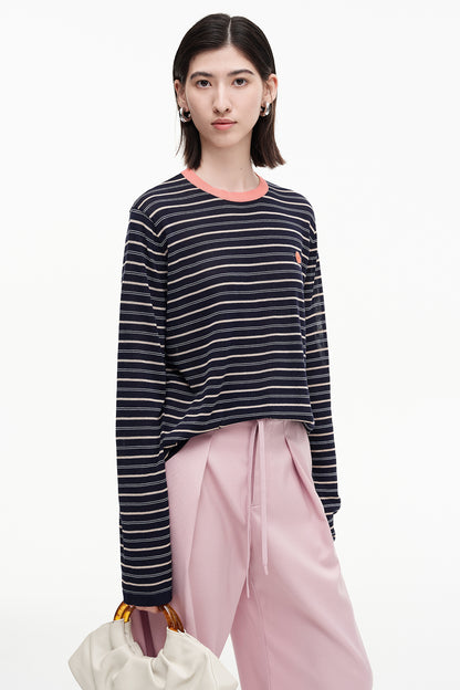 SELFWHO acetate cotton blend contrast striped long-sleeved T-shirt