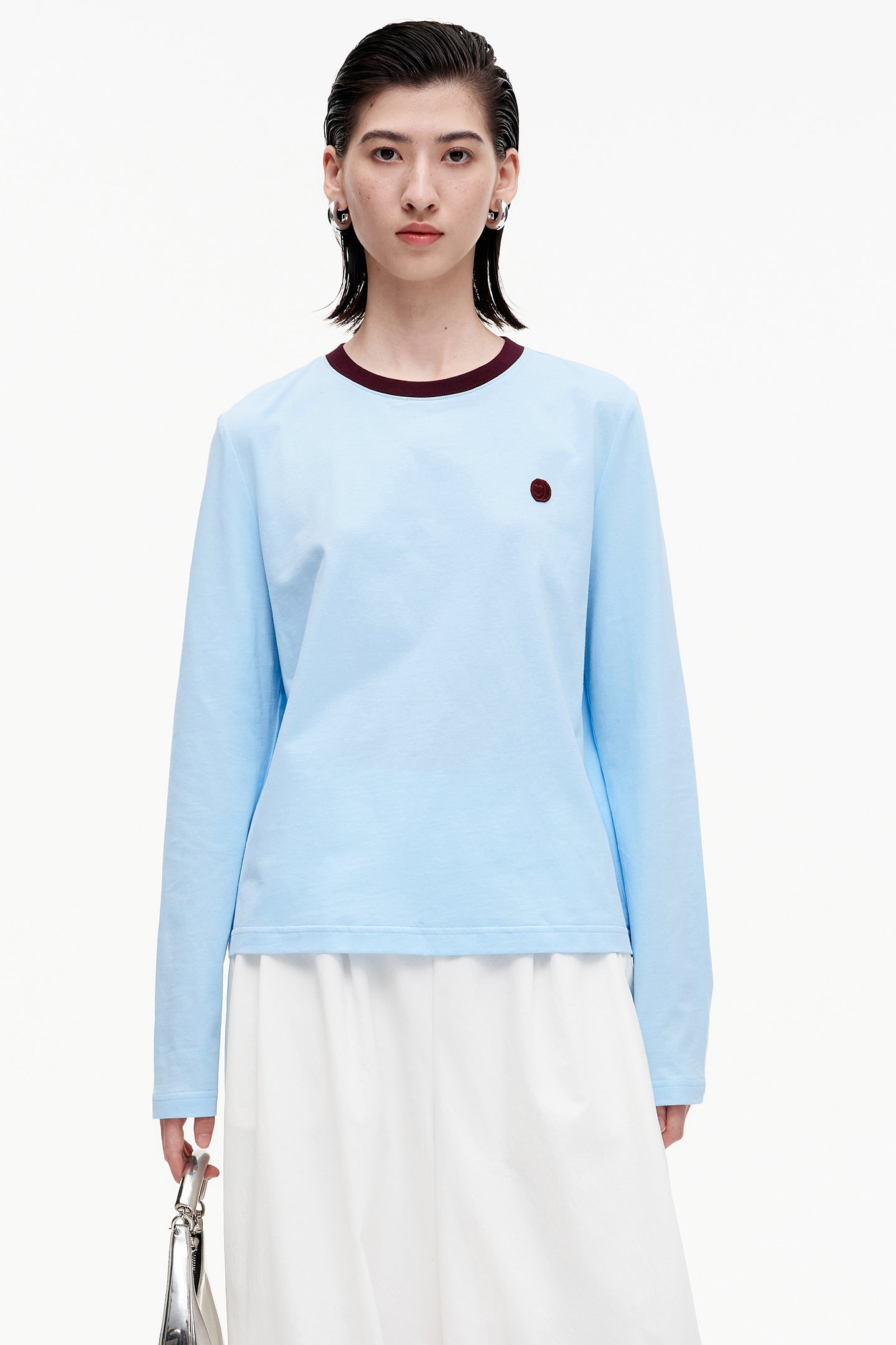 SELFWHO pure cotton contrast color round neck long sleeve T-shirt for women