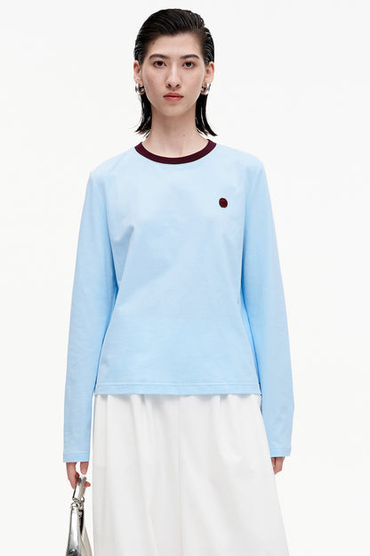 SELFWHO pure cotton contrast color round neck long sleeve T-shirt for women