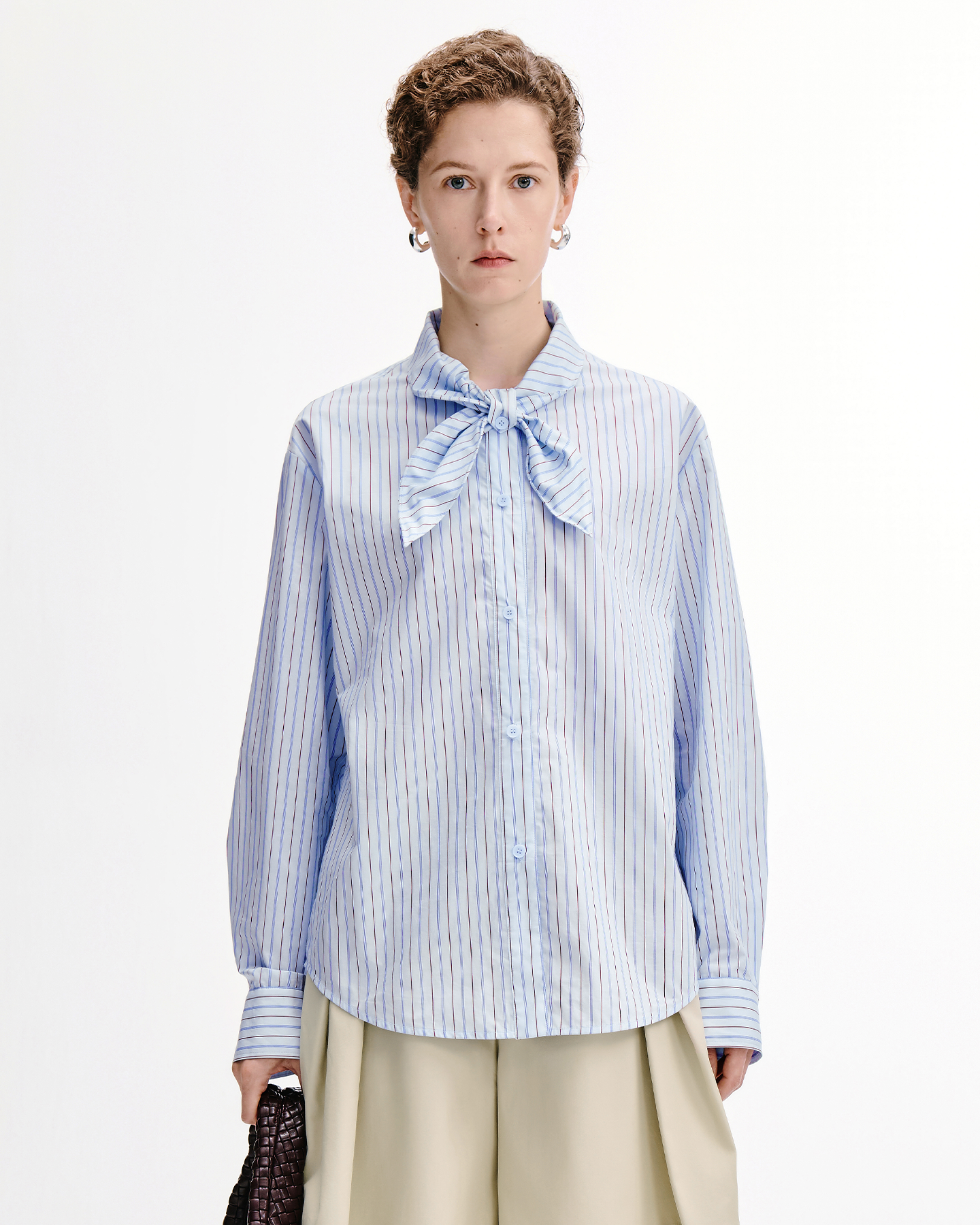 Scarf-Collar Stripe Shirt