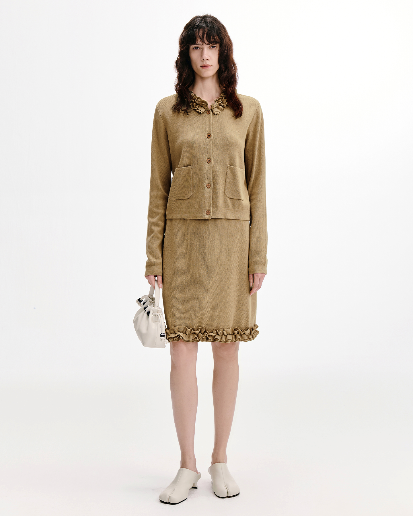 Ruffle-Collar Knit Cardigan & Skirt Set – Linen-Blend