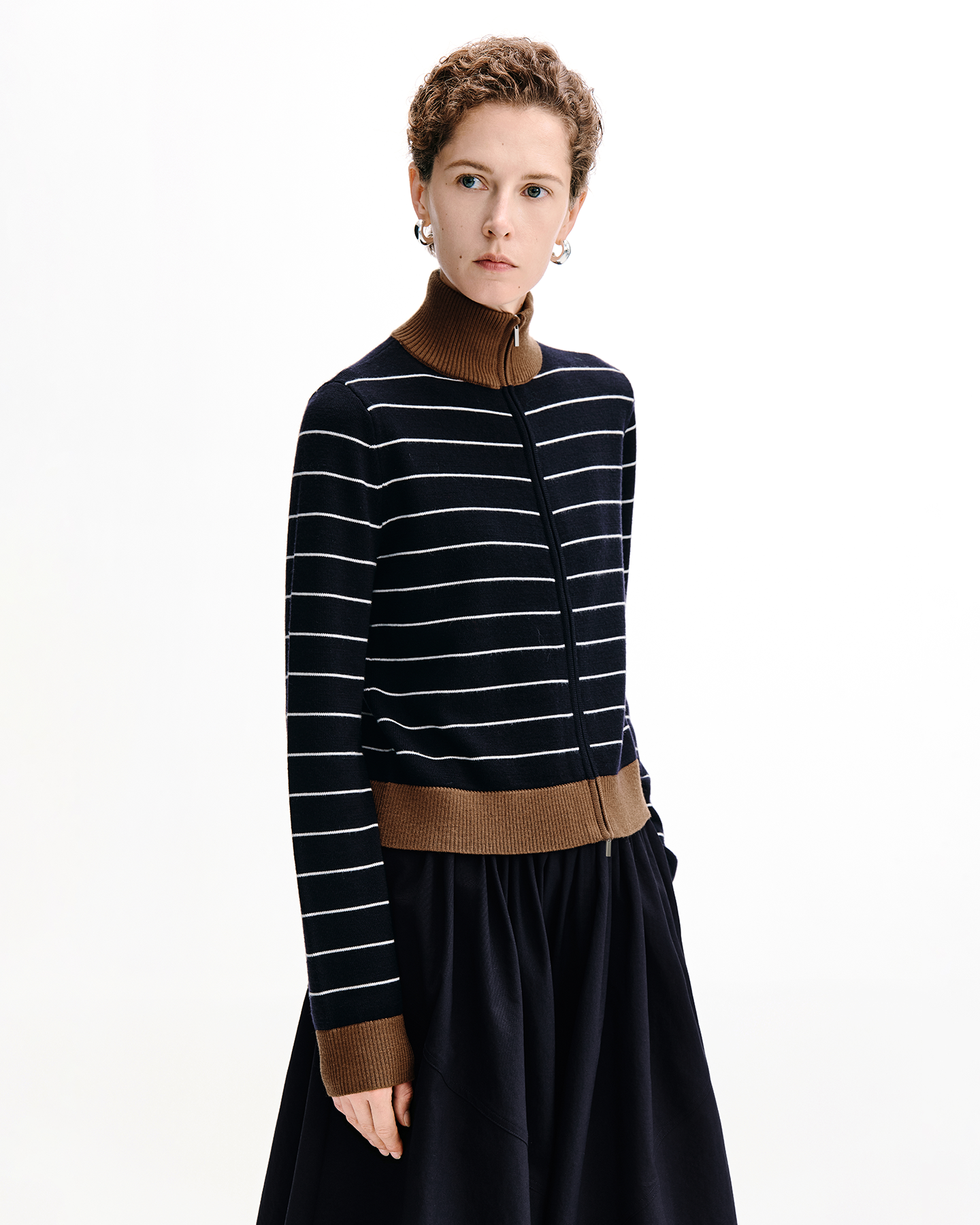 Two Way Zip Turtleneck Contrast-Stripe Sweater
