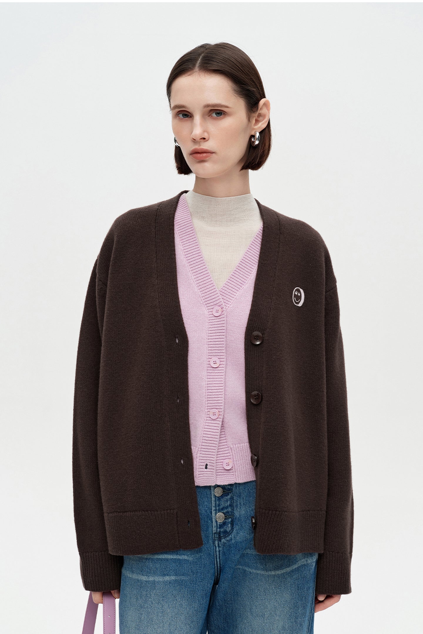 SELFWHO 100% Wool Smiley Face Patch Knitted Cardigan