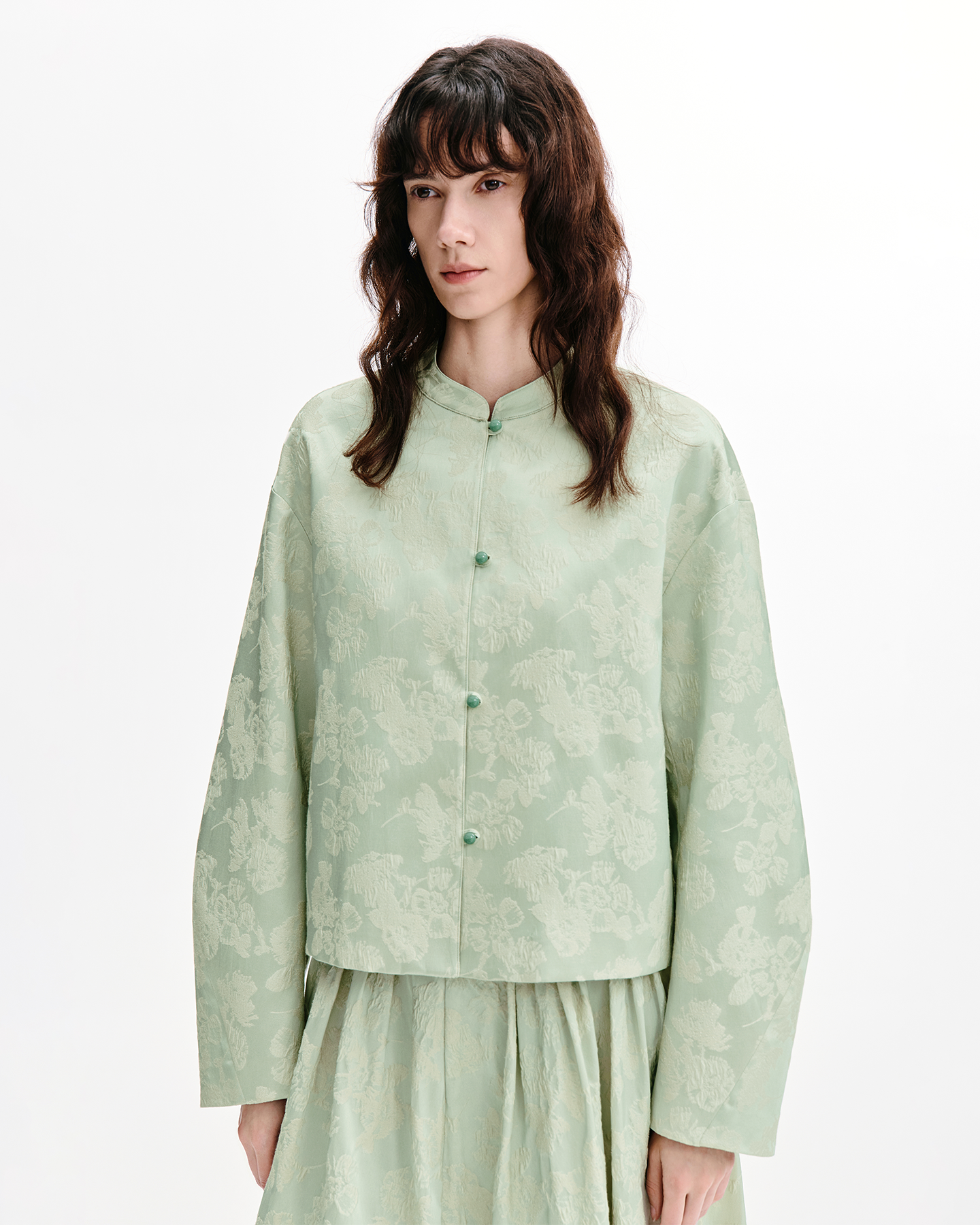 Cocoon-Silhouette Mandarin Jacket with Agate Buttons