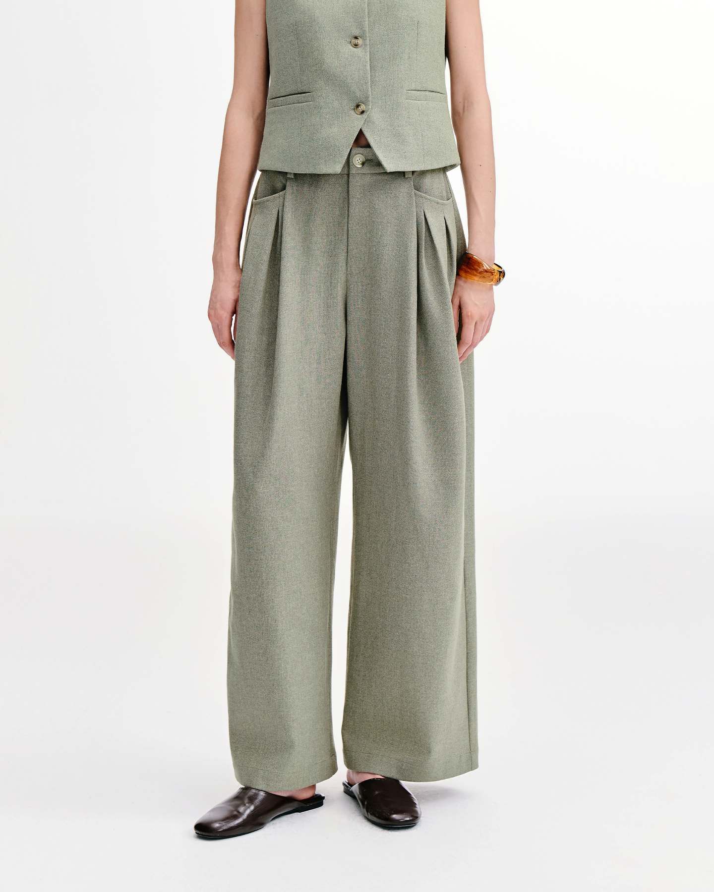 Curved-Leg Trousers with Inverted Pleats-Textured Wool Blend