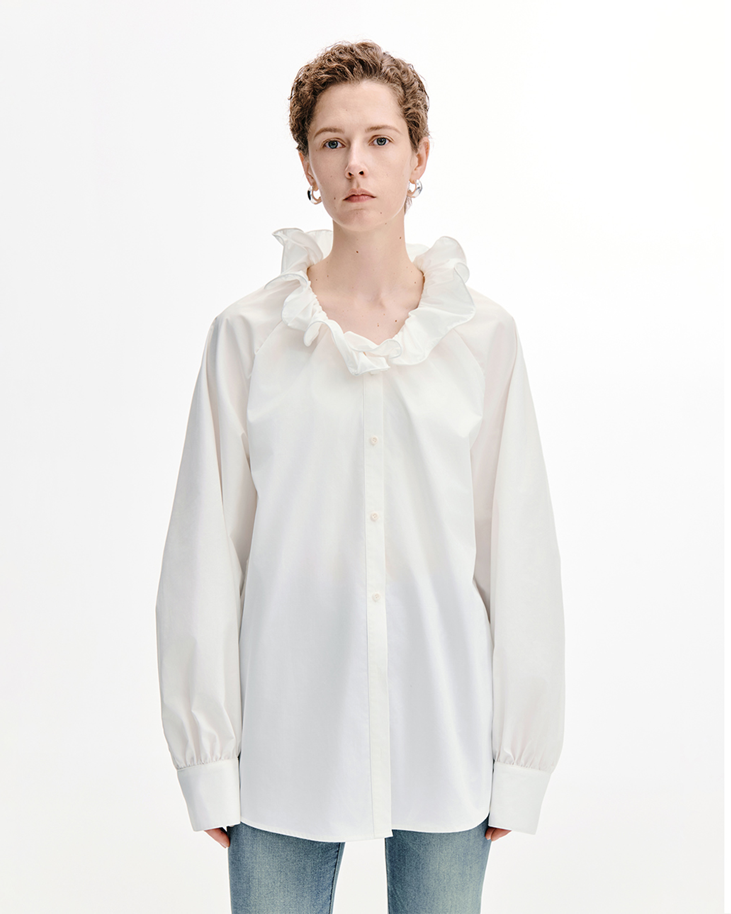 Ruffle-Trim V-Neck Blouse – Relaxed Cotton