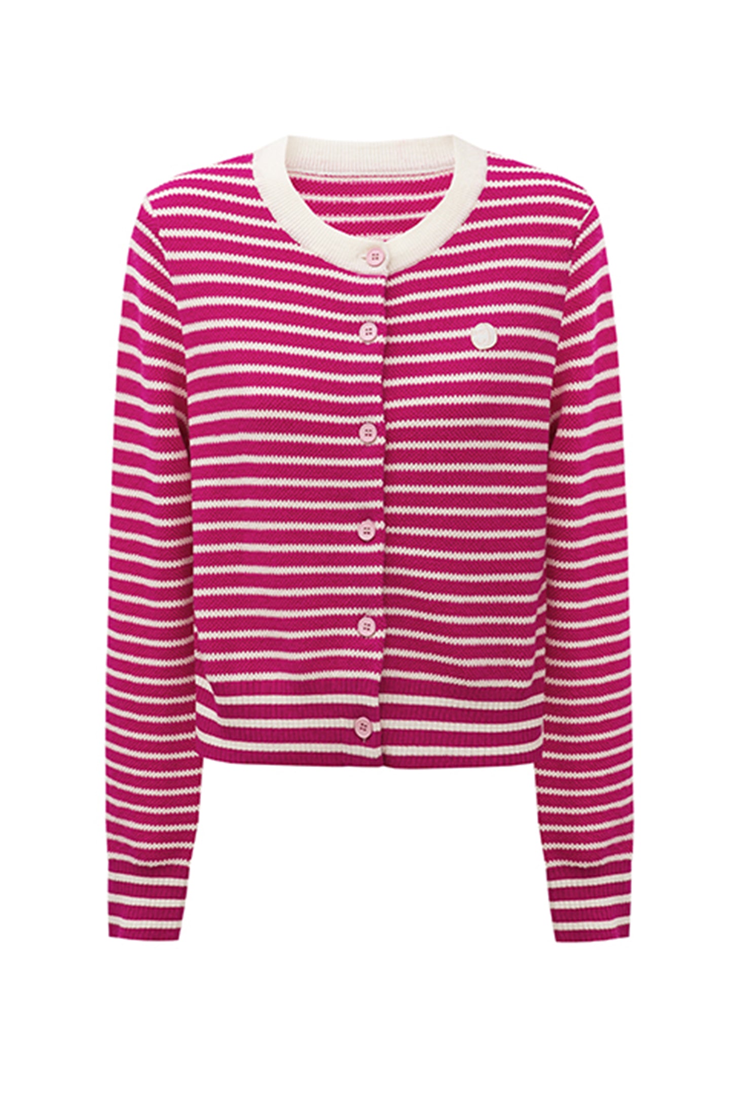 SELFWHO Rose Red Wool Striped Crewneck Knit Top