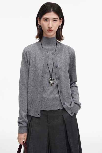 SELFWHO sheep wool blend classic round neck knitted bottoming shirt + cardigan set
