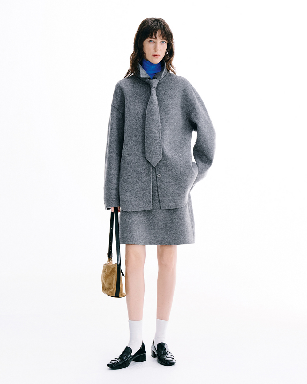 Double Face Wool Blend Detachable Tie Shacket