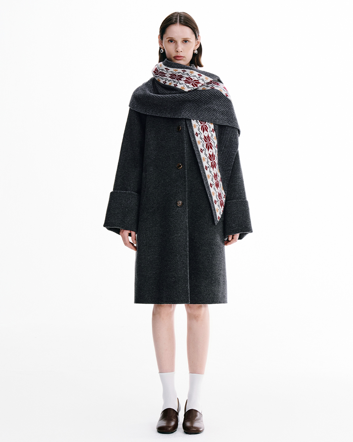 Double-Face Wool Coat with Fair Isle Scarf – Mock Neck