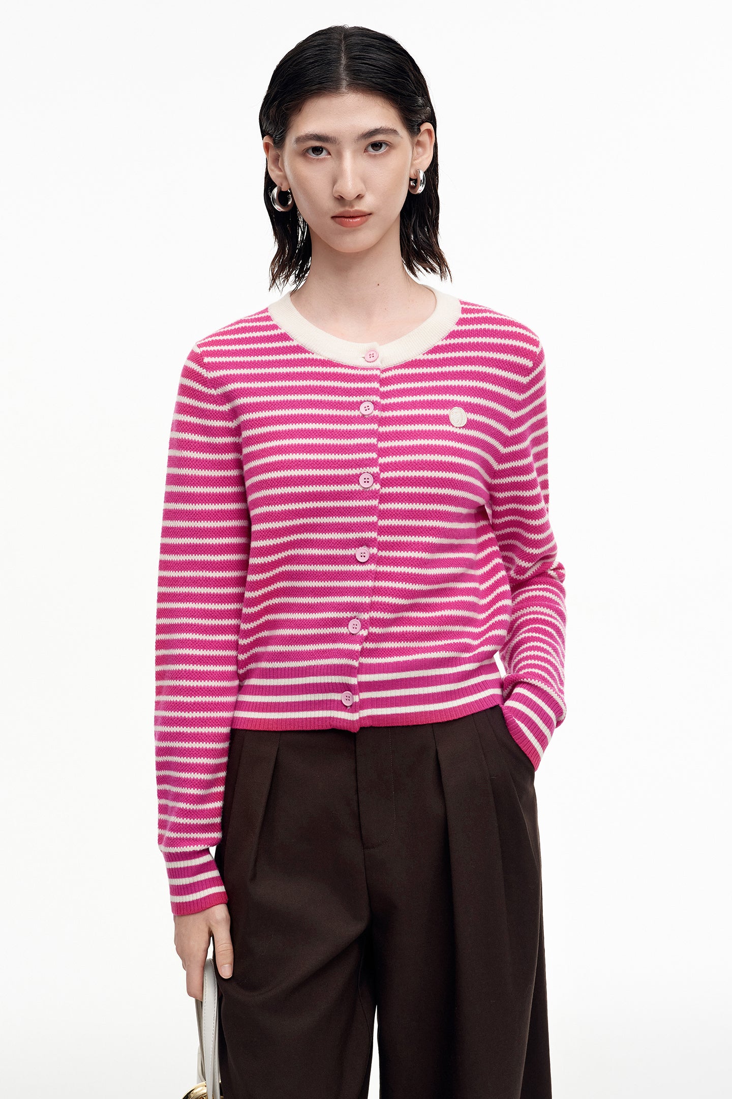SELFWHO Rose Red Wool Striped Crewneck Knit Top