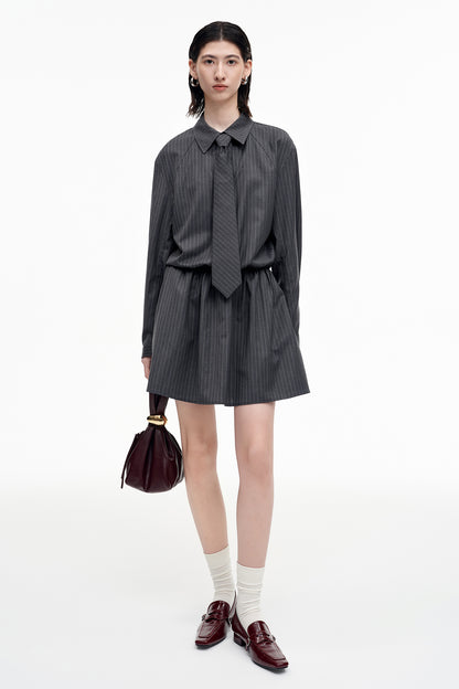 SELFWHO Wool Blend Grey Striped Dress