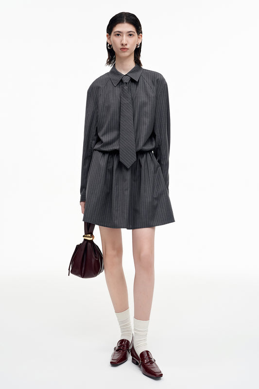 SELFWHO Wool Blend Grey Striped Dress