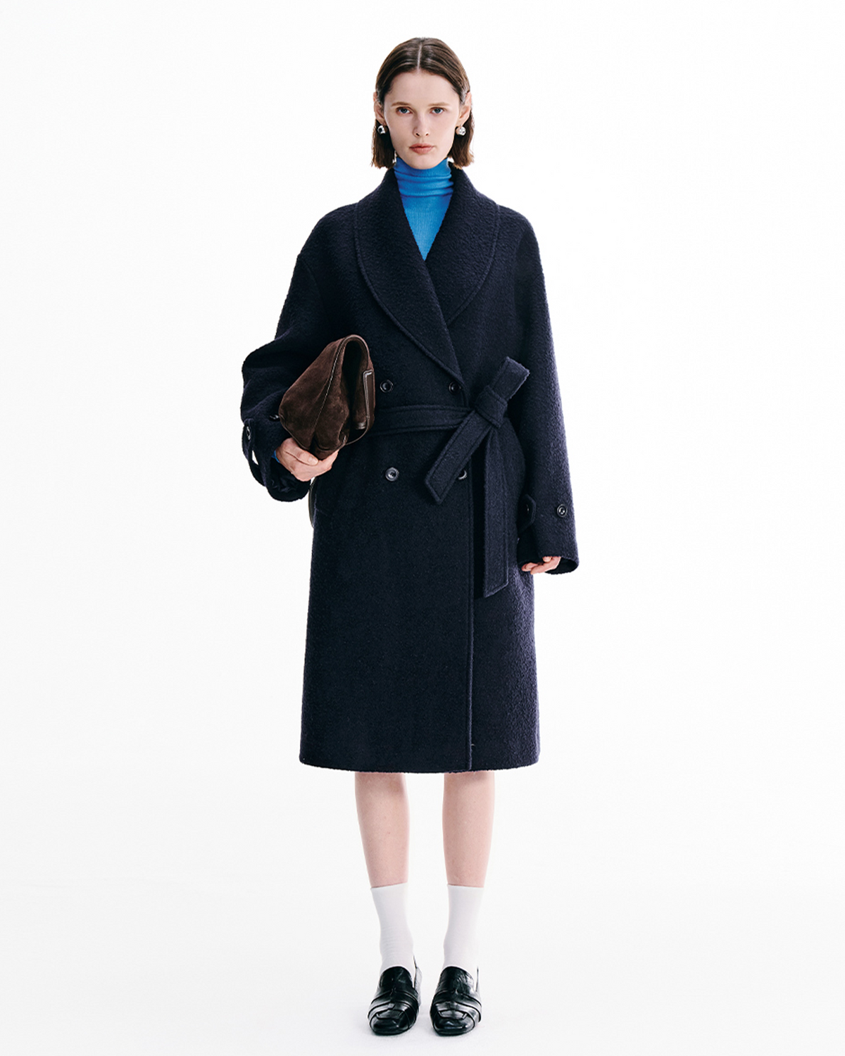 Shawl-Collar Double-Breasted Wool Coat – Long