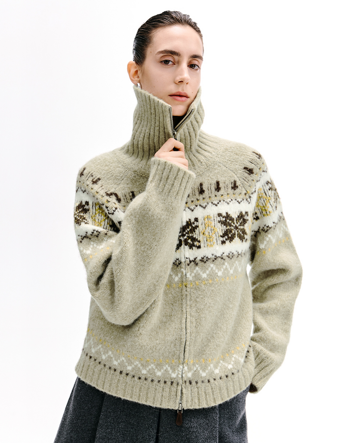 Fair Isle Zip-Up Cardigan – Funnel Neck