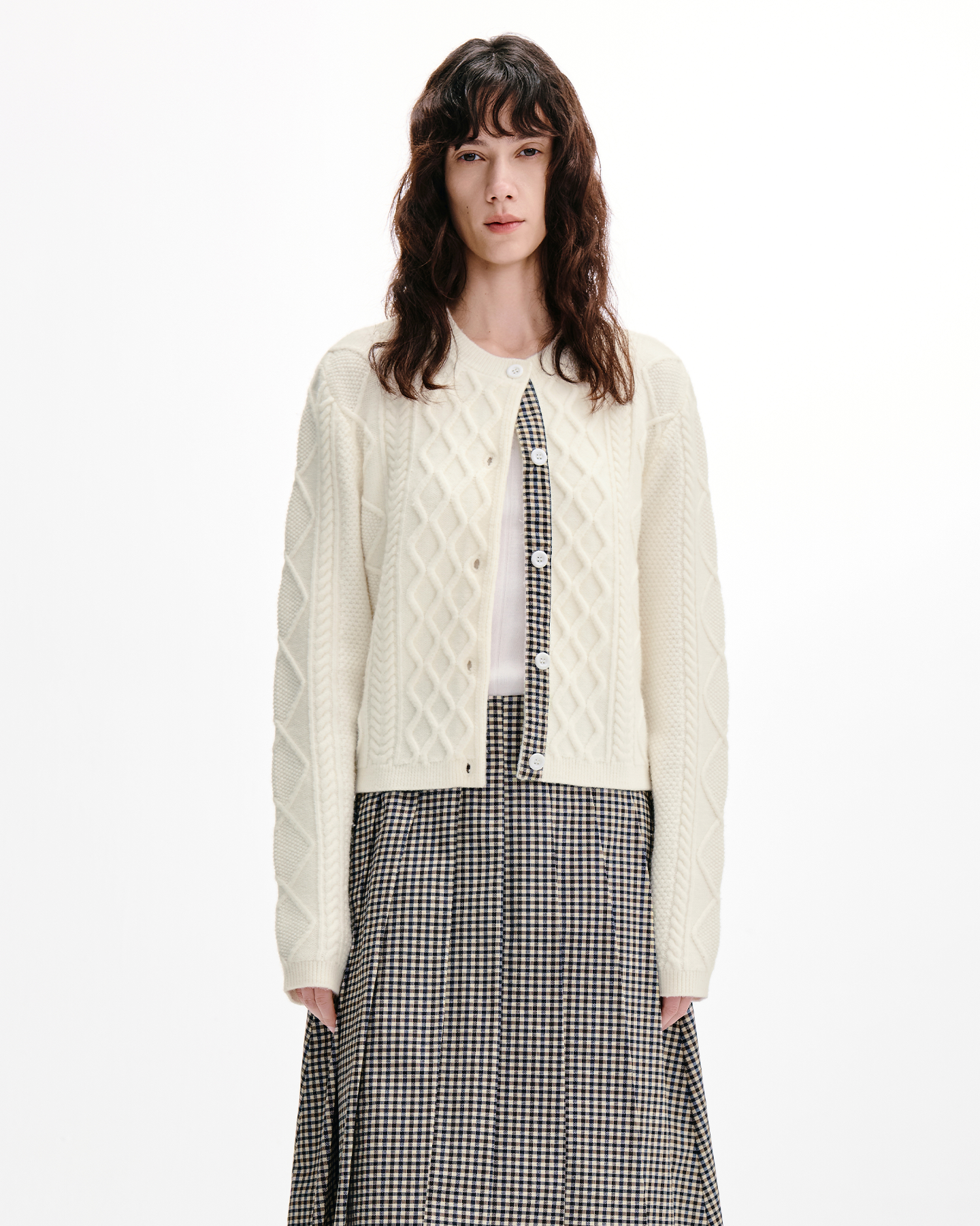 Cable-Knit Cardigan with Check Panels-Wool Blend