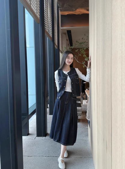 SELFWHO Cotton Lyocell Blended Vintage Denim Skirt + Vest（The skirt is small, it is recommended to order a size up）