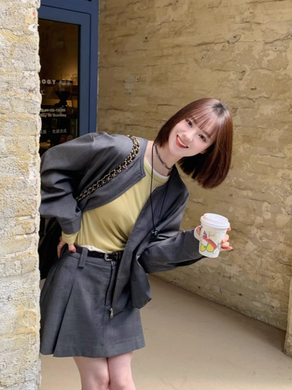 SELFWHO Gray Jacket + Skirt Suit