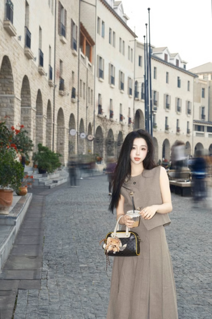 SELFWHO High Waist Casual Half-Length Pleated Skirt+Vest（The size is small, it is recommended to order a size up）