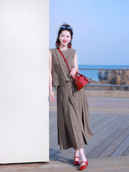 SELFWHO High Waist Casual Half-Length Pleated Skirt+Vest（The size is small, it is recommended to order a size up）