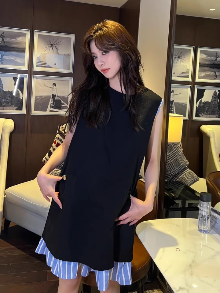 SELFWHO Contrast Color Stitching Fake Two-Piece Dress