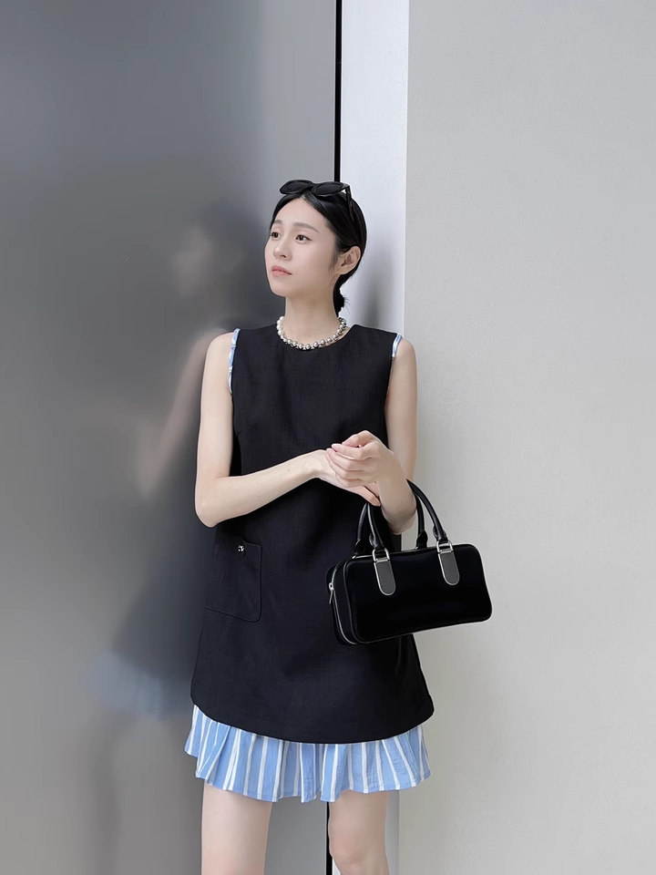 SELFWHO Contrast Color Stitching Fake Two-Piece Dress