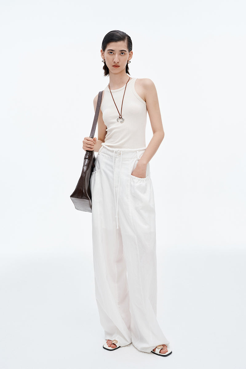 SELFWHO Lyocell Blend Drawstring Lace Casual Straight Pants