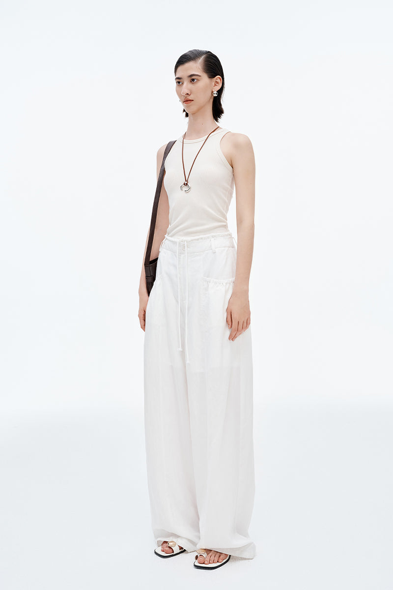 SELFWHO Lyocell Blend Drawstring Lace Casual Straight Pants
