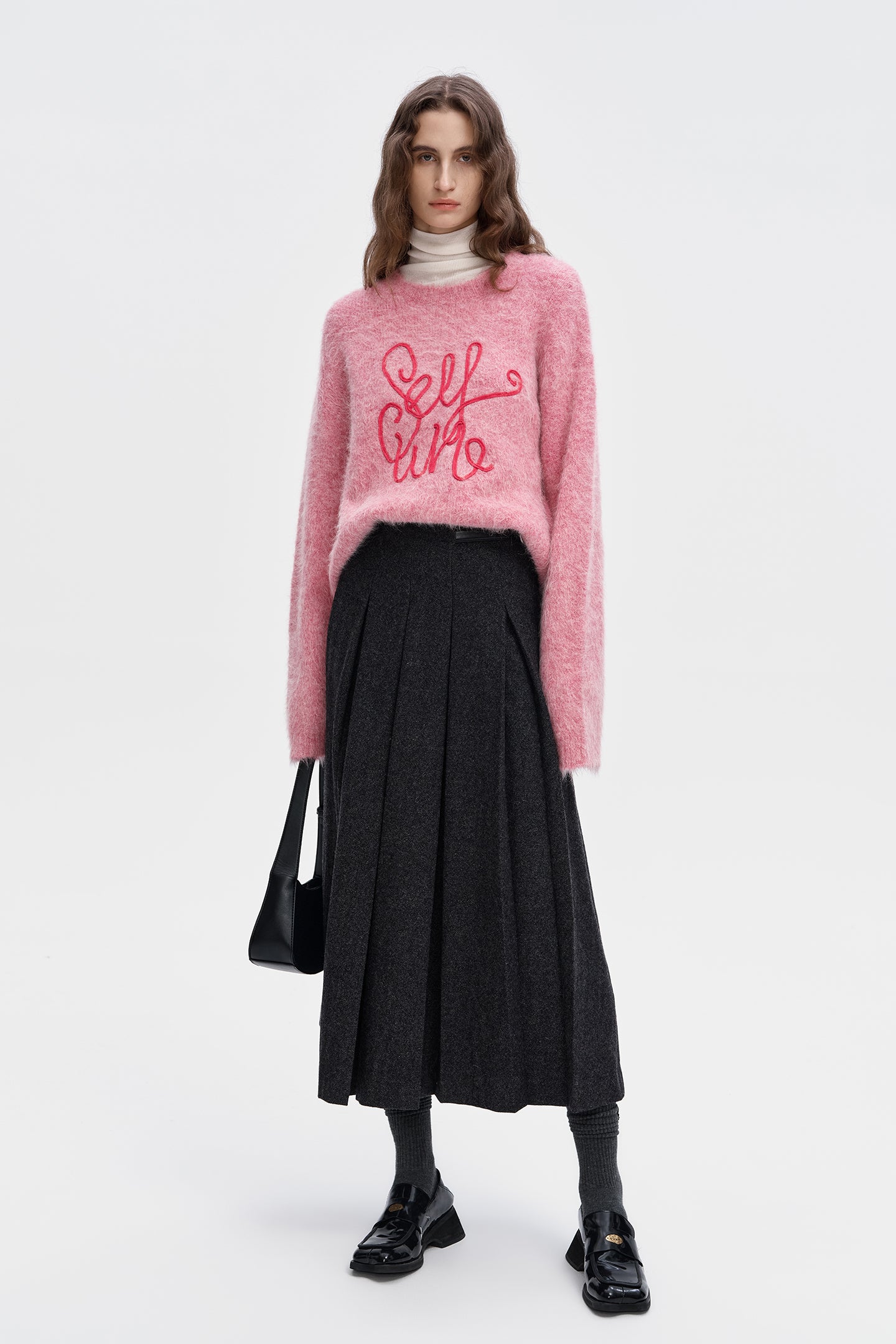 SELFWHO Wool Blend Gray Pleated Skirt