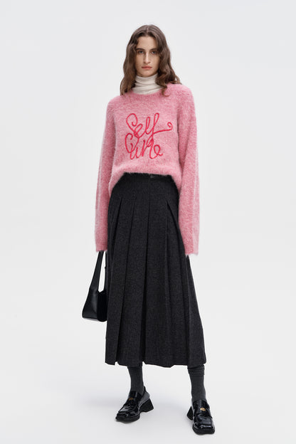 SELFWHO Wool Blend Gray Pleated Skirt
