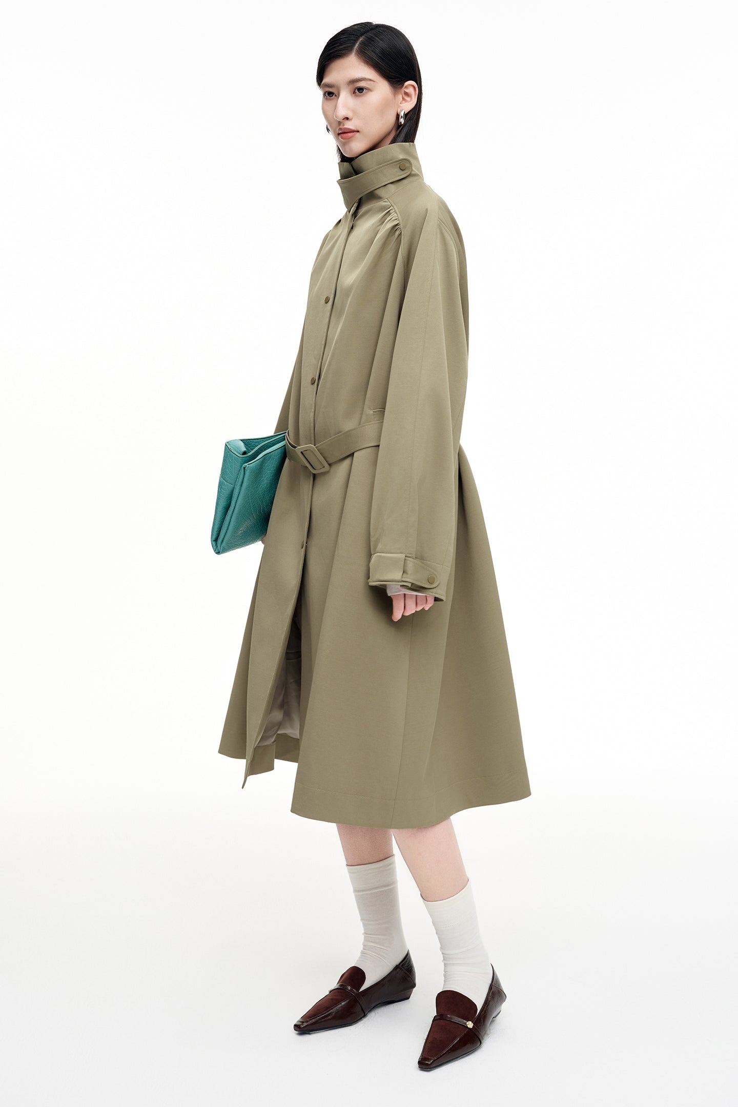 SELFWHO Khaki Stand Collar Mid-Length Trench Coat