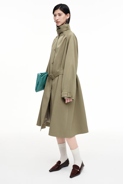 SELFWHO Khaki Stand Collar Mid-Length Trench Coat