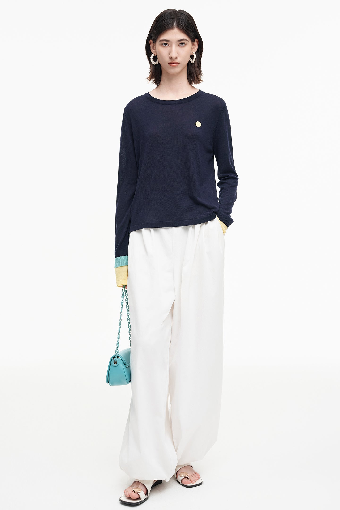 Tencel wool blended contrast color long-sleeved T-shirt