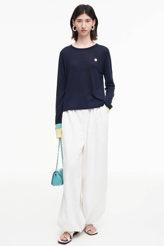 SELFWHO Tencel wool blended contrast color long-sleeved T-shirt