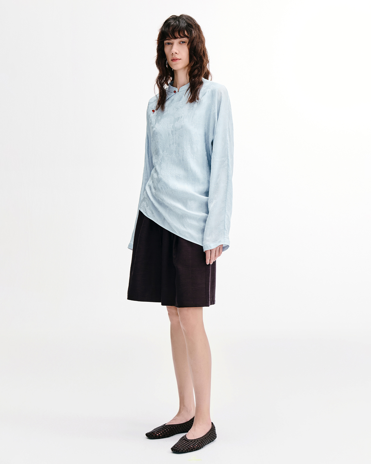 Asymmetric Agate-Button Mandarin Collar Shirt