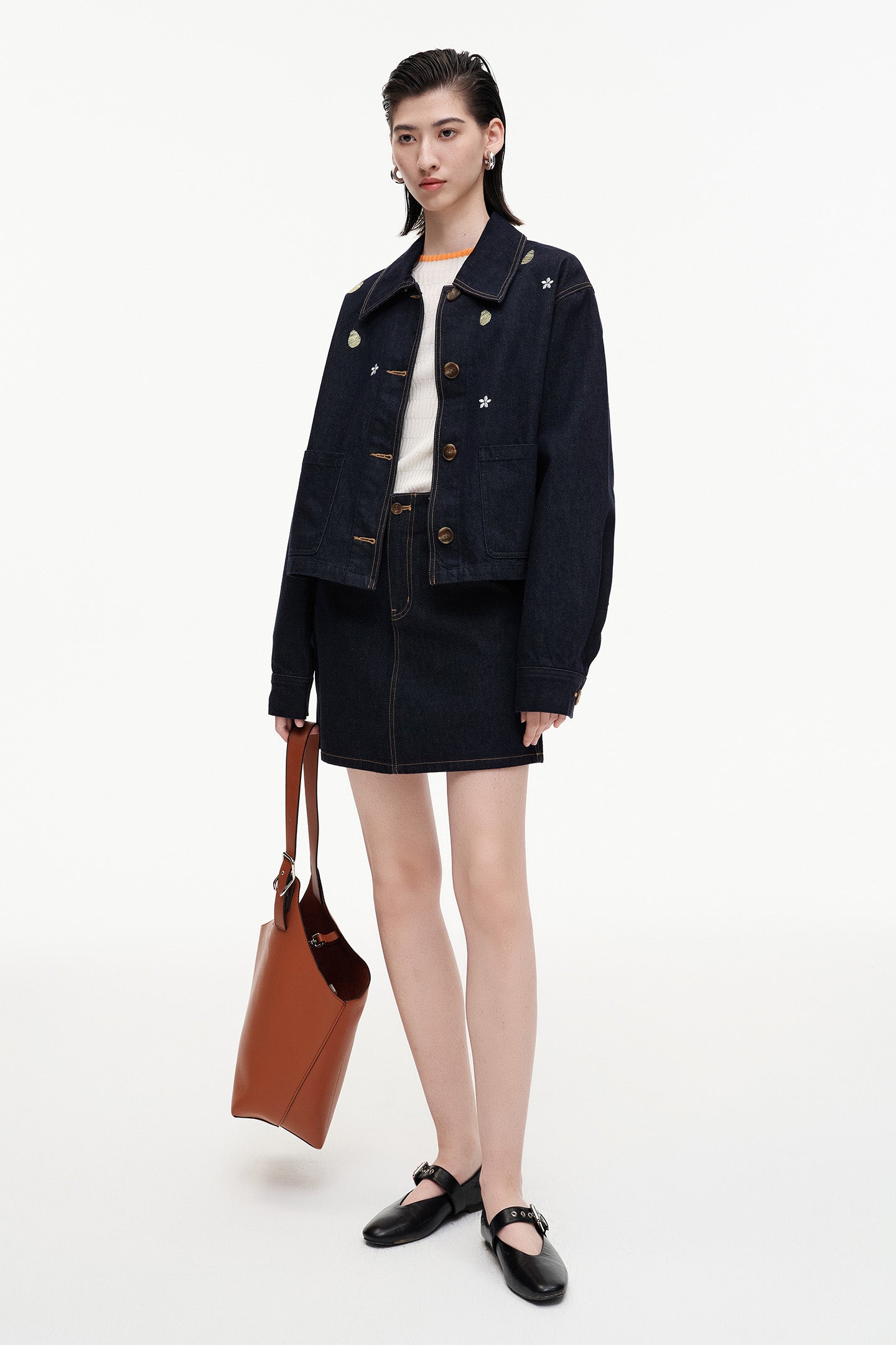 Cotton Blend Benim Jacket With Pear Blossom Embroidery