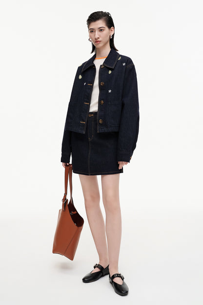 SELFWHO Cotton Blend Benim Jacket With Pear Blossom Embroidery (jacket and skirt can be purchased separately)