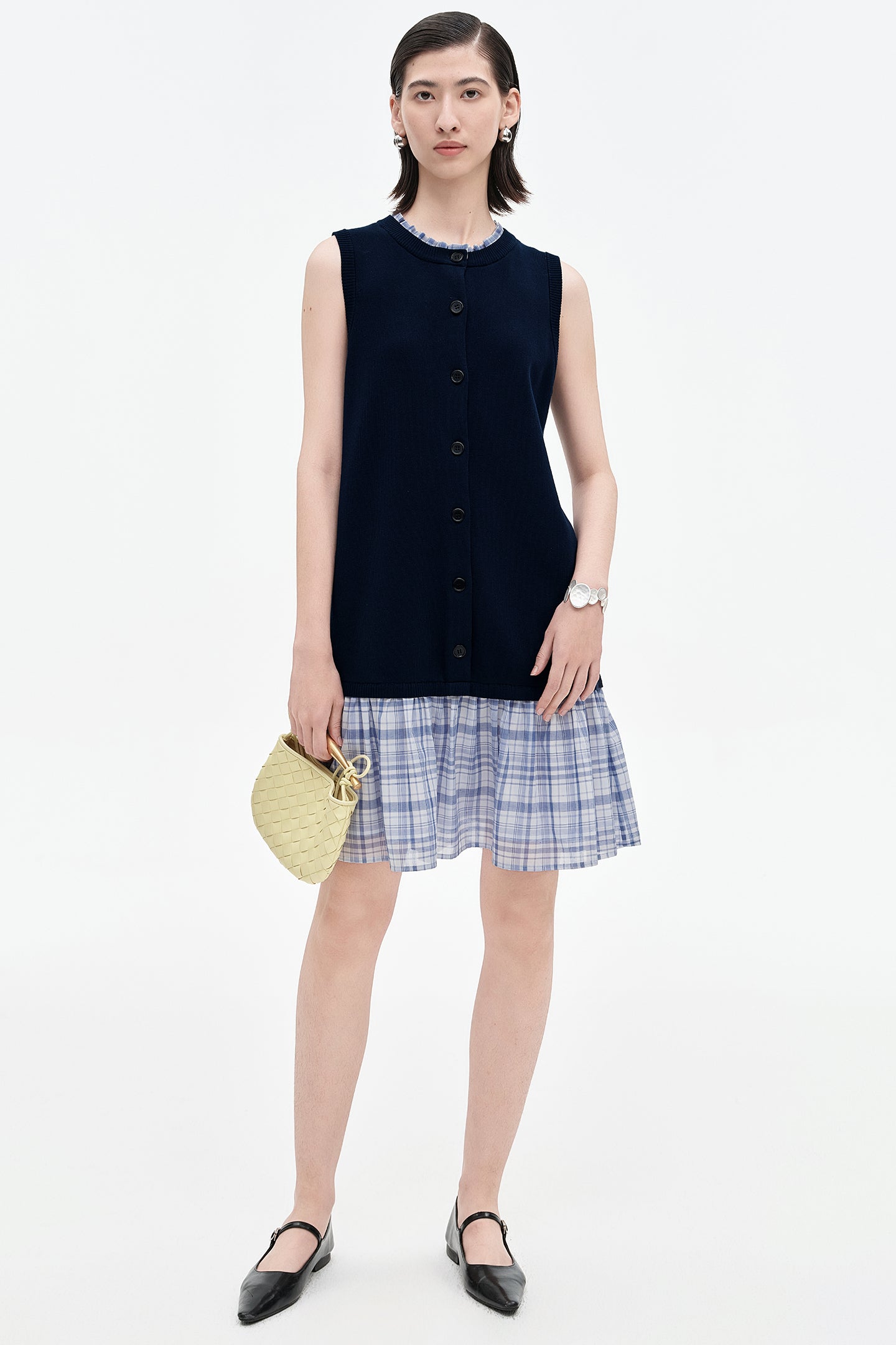 SELFWHO Tencel mulberry silk contrast plaid dress