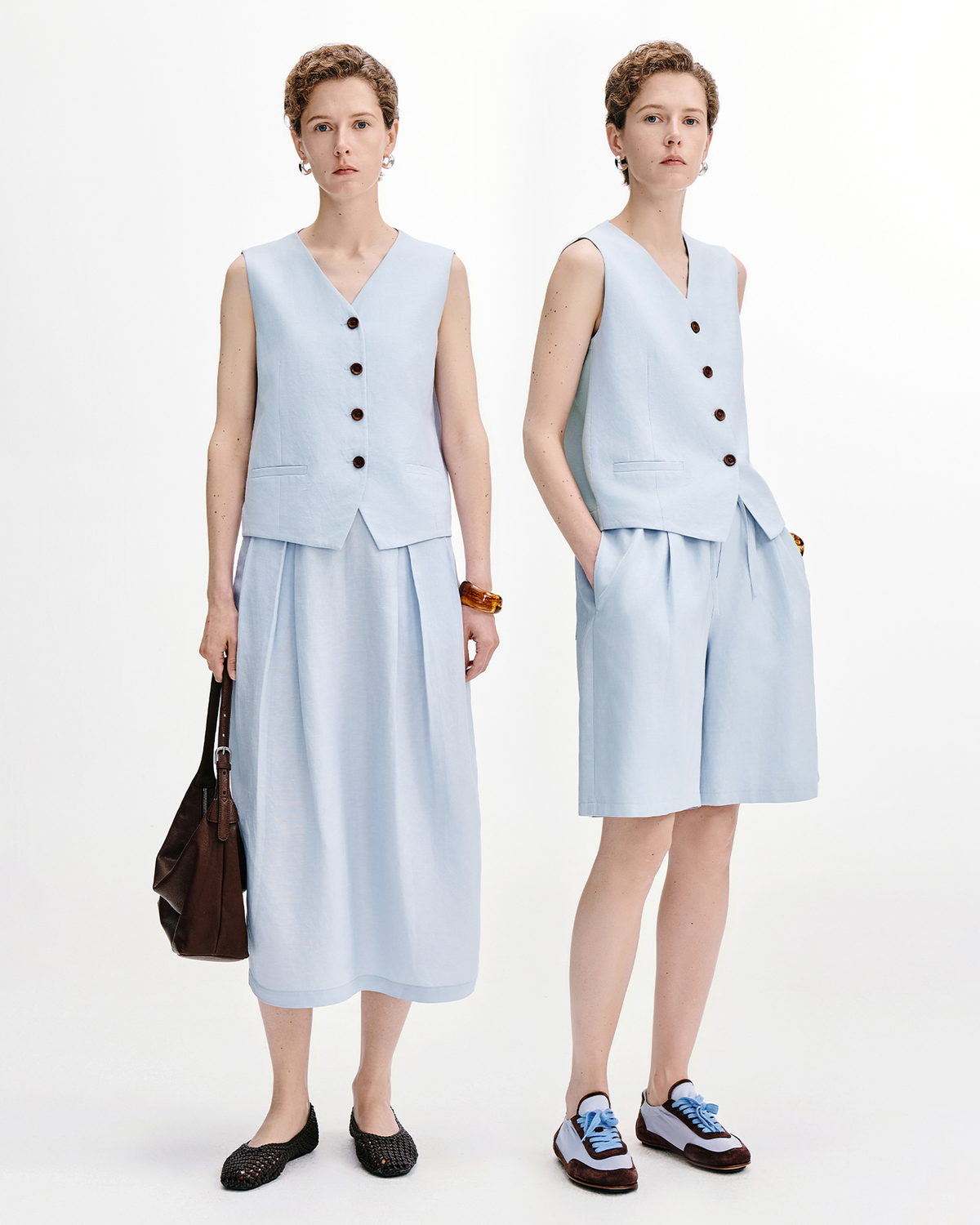 Linen-Blend Vest & Straight Skirt & Shorts Set