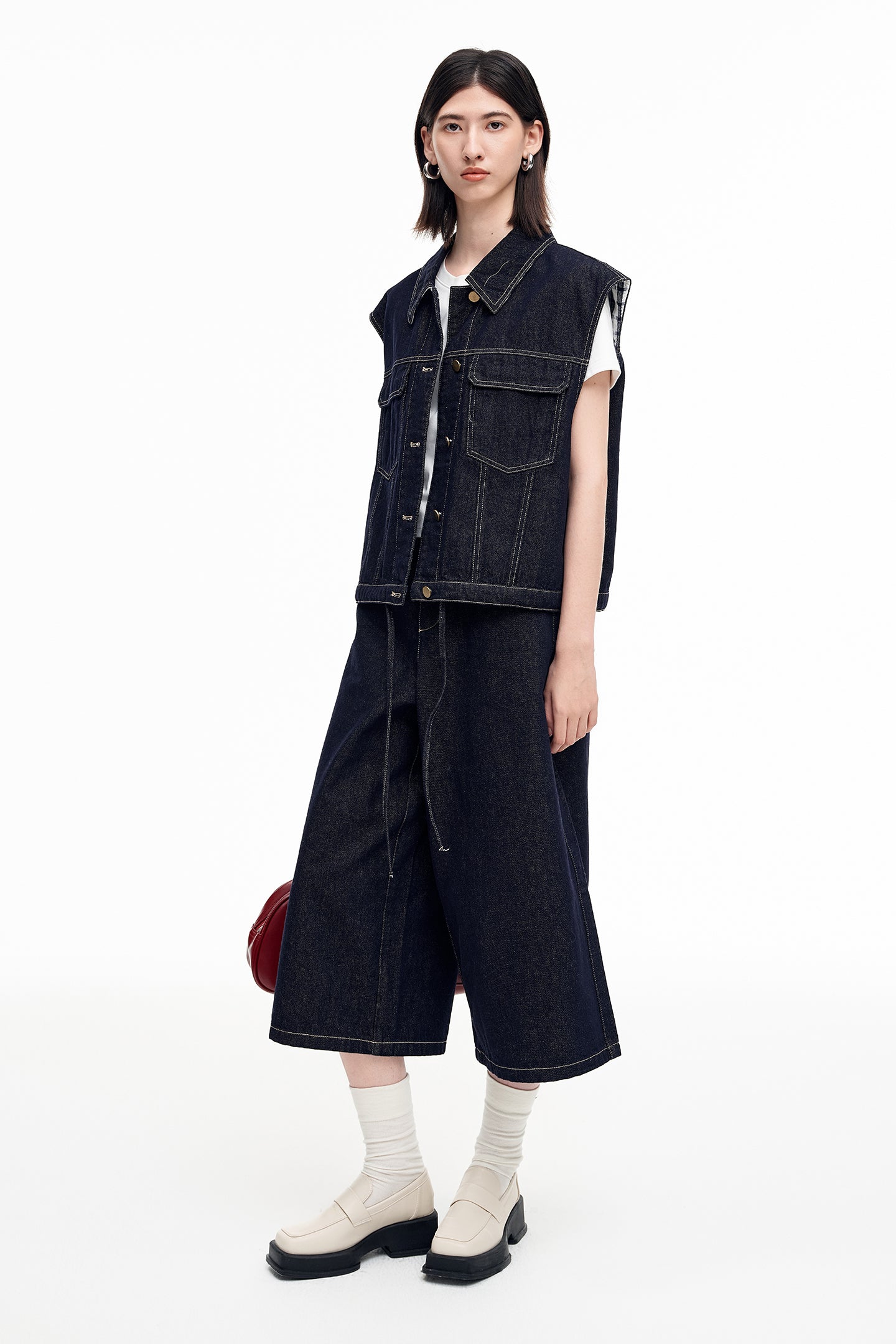 SELFWHO Cotton Blend Vintage Original Cow Style Denim Vest, Cropped Pants Set