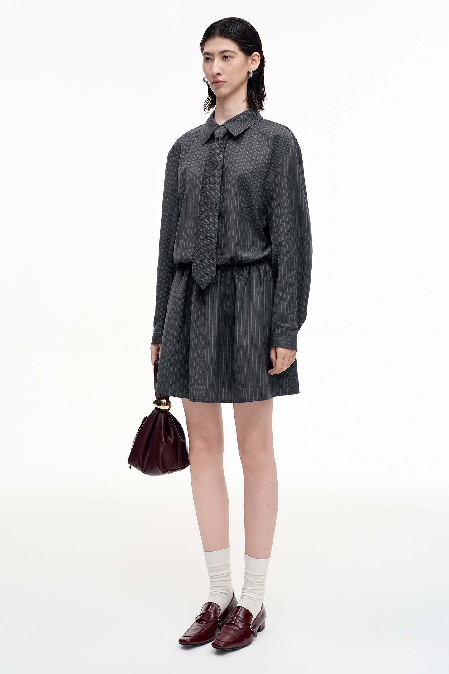 SELFWHO Wool Blend Grey Striped Dress