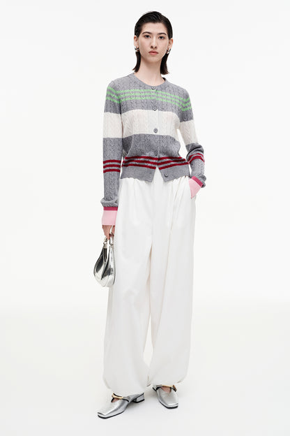 SELFWHO Sheep And Wool Blend Contrast Striped Knitted Cardigan